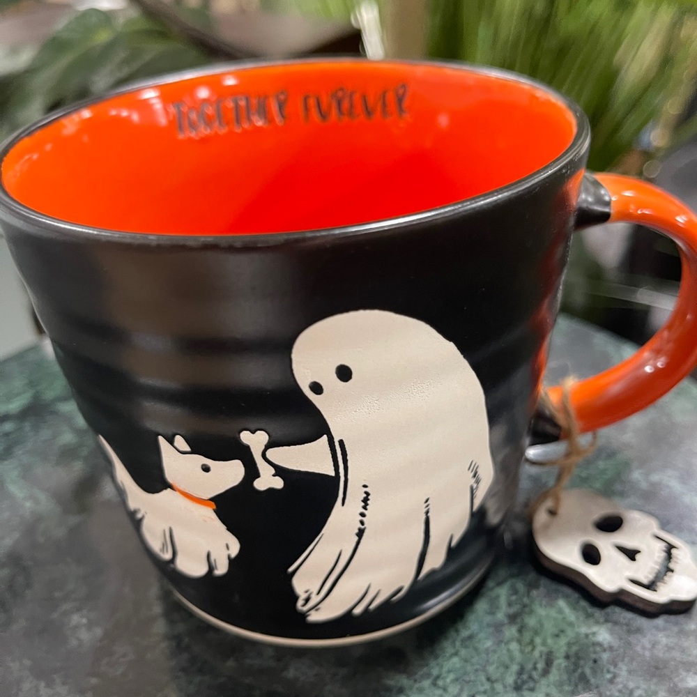 Halloween Ghost Walking Ghost Dog & Bone Together Furever Ceramic Coffee Mug NWT
